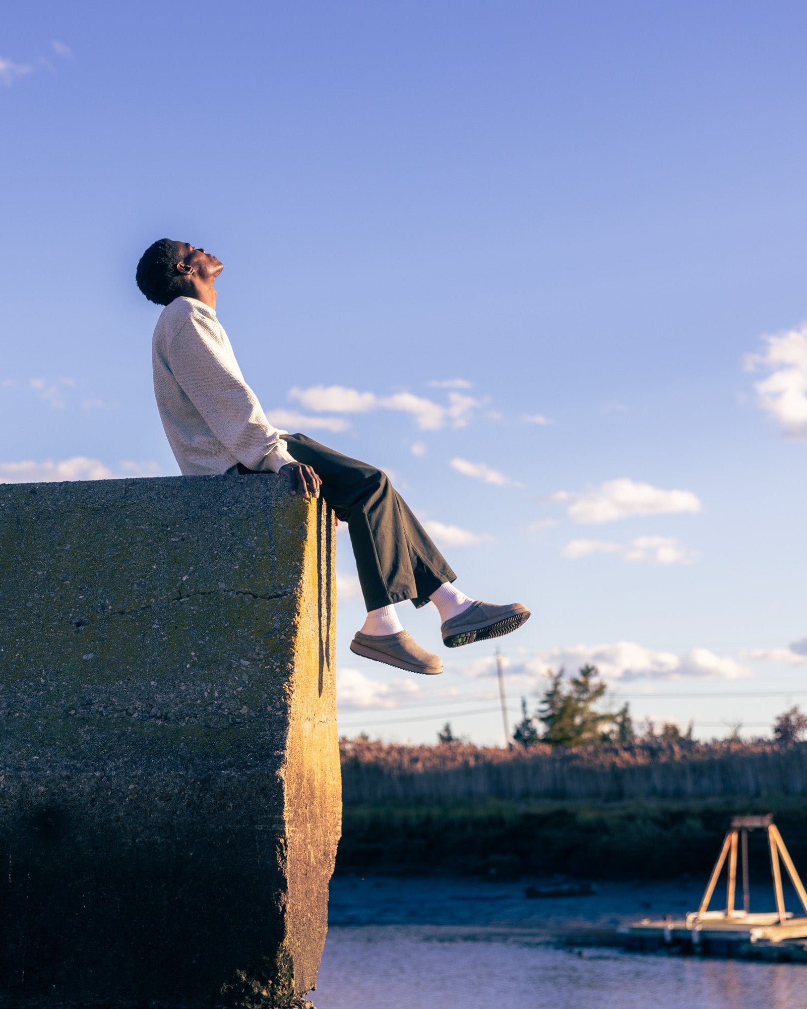 Person sitting on a concrete wall overlooking a body of water with trees in the background