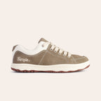 Simple brown suede sneakers with white accents and lace-up design for comfortable casual wear.