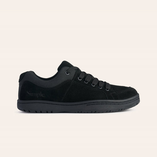 Black suede sneakers with textured laces and a sleek design for casual wear.