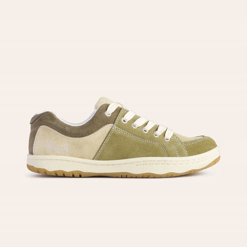 Casual olive green suede sneakers with beige accents and lightweight rubber sole.