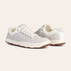 Light gray casual shoes with suede and canvas, featuring a comfortable lace-up design and rubber sole.