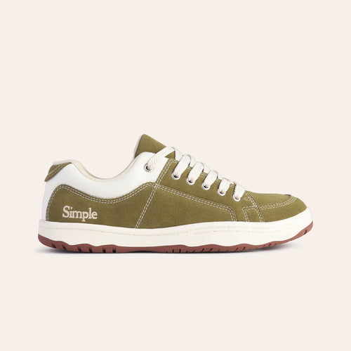Simple olive green sneakers with white accents, featuring a comfortable canvas material and lace-up design.