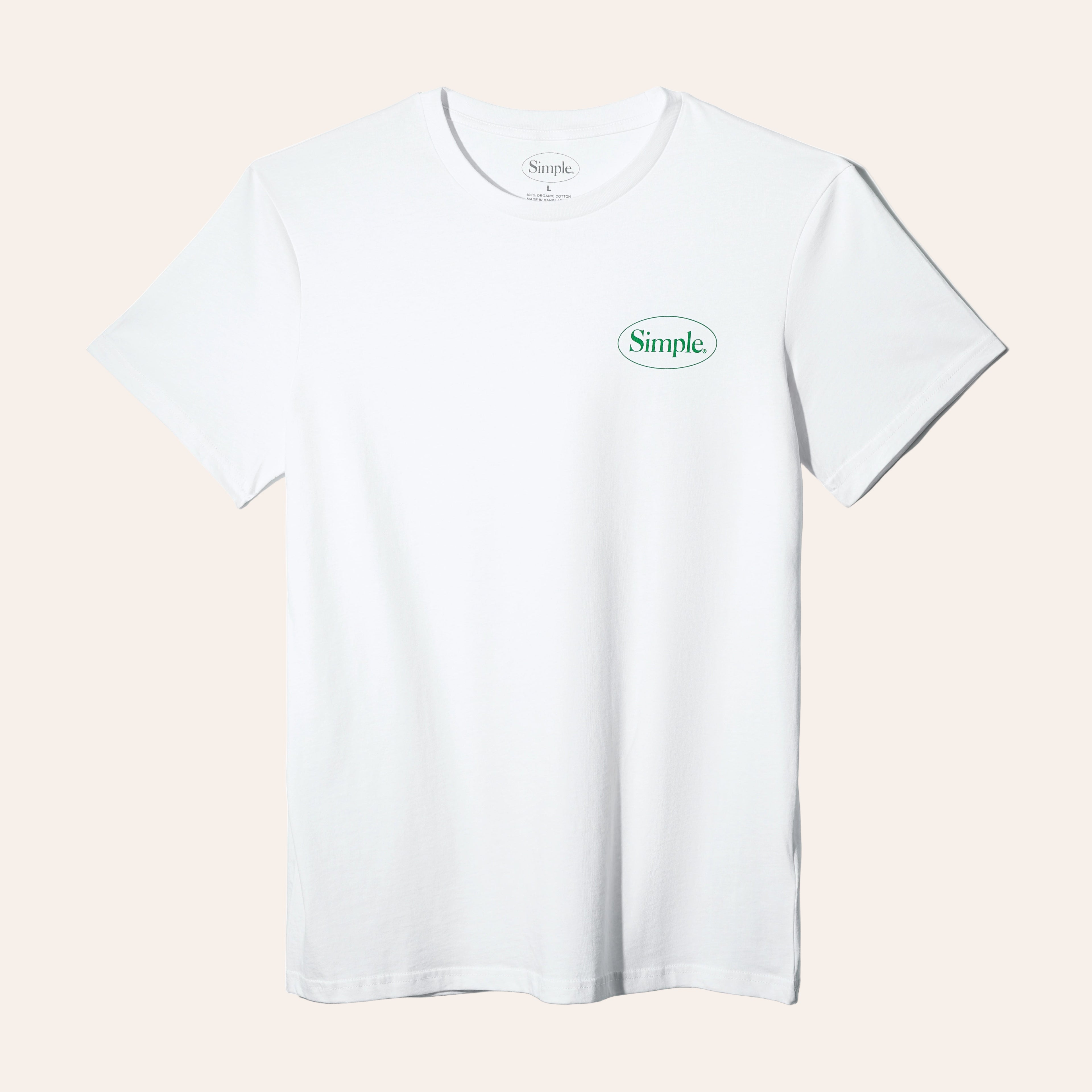 White t-shirt with a green logo on a light background