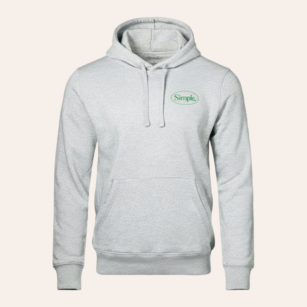Gray hoodie with a Simple Shoes green logo on a off white background