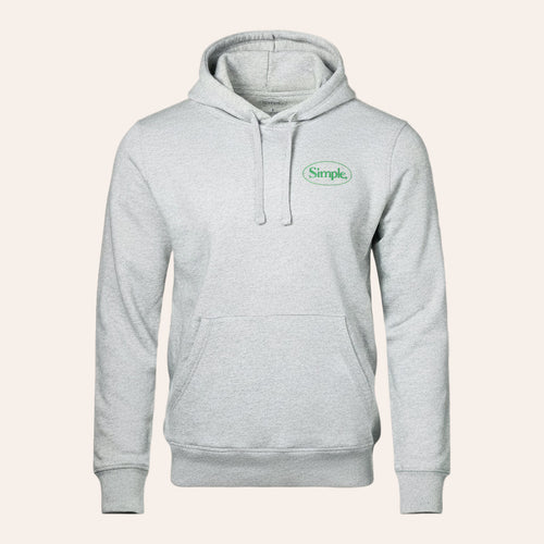 Gray hoodie with a Simple Shoes green logo on a off white background